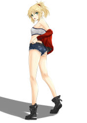 Rule 34 | 1girl, absurdres, akashiro sen, ass, blonde hair, boots, cutoffs, denim, denim shorts, fate/apocrypha, fate (series), green eyes, hair up, highres, jacket, jacket off shoulders, looking back, mordred (fate), mordred (fate/apocrypha), off shoulder, ponytail, red jacket, short shorts, shorts, solo, strapless, tube top