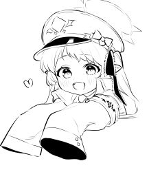 Rule 34 | 1girl, absurdres, armband, blanchat, blue archive, bow, cropped torso, greyscale, hat, hat bow, highres, ibuki (blue archive), jacket, lineart, looking at viewer, military jacket, monochrome, open mouth, oversized clothes, peaked cap, pointy ears, side ponytail, simple background, smile, solo, upper body, white background
