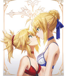 Rule 34 | 2girls, ahoge, alternate costume, artoria pendragon (all), artoria pendragon (fate), blonde hair, blue choker, blue ribbon, bra, braid, braided bun, breasts, choker, eye contact, fate/apocrypha, fate/grand order, fate/stay night, fate (series), father and son, french braid, green eyes, hair between eyes, hair bun, hair ornament, hair ribbon, hair scrunchie, height difference, highres, long hair, looking at another, mordred (fate), mordred (fate/apocrypha), multiple girls, photoshop (medium), ponytail, red bra, red choker, red scrunchie, ribbon, saber (fate), scrunchie, sidelocks, single hair bun, tonee, underwear, underwear only, upper body, white bra