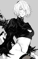 1girl 2b_(nier:automata) absurdres black_hairband cleavage_cutout clothing_cutout feather-trimmed_sleeves gloves hairband highres juliet_sleeves knee_up leotard long_sleeves looking_at_viewer mole mole_under_mouth nier:automata nier_(series) nishiii26miii parted_lips puffy_sleeves short_hair solo standing sword weapon white_hair