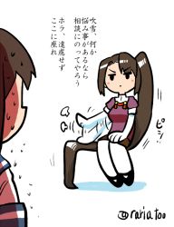 Rule 34 | 2girls, absurdly long hair, afterimage, black footwear, blush stickers, brown hair, closed mouth, elbow gloves, flying sweatdrops, fubuki (kancolle), gloves, kantai collection, long hair, multiple girls, nachi (kancolle), pantyhose, patting, ponytail, rariatto (ganguri), red shirt, shirt, shoes, short sleeves, simple background, sitting on hair, sweat, nervous sweating, translation request, twitter username, very long hair, white background, white gloves, white legwear