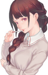 Rule 34 | 1girl, beige sweater, braid, breasts, brown eyes, brown hair, chinese commentary, closed mouth, collared shirt, commentary, dutch angle, fingernails, hand on own elbow, hand up, highres, holding, holding pen, large breasts, lips, long hair, looking at viewer, original, parted bangs, pen, pen to mouth, shirt, shou xun bu liang, sidelocks, simple background, single braid, smile, solo, sweater, upper body, white background, white shirt