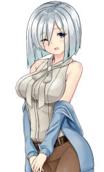 Rule 34 | 1girl, alternate costume, bare shoulders, belt, blue eyes, breasts, cosplay, ellen baker, ellen baker (cosplay), eyes visible through hair, hair ornament, hair over one eye, hairclip, hamakaze (kancolle), jacket, kantai collection, large breasts, long sleeves, looking at viewer, new horizon, one eye closed, open clothes, open jacket, open mouth, shirt, short hair, silver hair, simple background, sin (kami148), skirt, sleeveless, solo, v arms, white background
