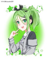 1girl 22/7 :d artist_name black_hairband black_ribbon border dress from_side green_background green_eyes green_hair grey_dress hair_ornament hair_ribbon hairband high_ponytail highres long_sleeves nanairo_(nanairo227) open_mouth pointing pointing_at_self ribbon smile solo teeth upper_body upper_teeth_only white_border