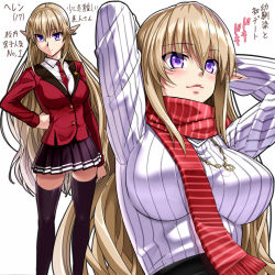 Rule 34 | 1girl, arms up, between breasts, blazer, blonde hair, blush, breasts, elf, hand on own hip, jacket, jewelry, large breasts, long hair, necklace, necktie, necktie between breasts, nyamota, original, pink eyes, pointy ears, red necktie, ribbed sweater, scarf, school uniform, sweater, thighhighs, very long hair, zettai ryouiki