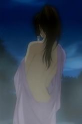 Rule 34 | 1boy, androgynous, anime screenshot, back, bathrobe, brown hair, faux traditional media, fuuchouin kazuki, getbackers, hair tubes, long hair, male focus, off shoulder, onsen, painting (medium), screencap, solo, stitched, third-party edit, traditional media, trap, watercolor (medium)