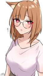 Rule 34 | 1girl, absurdres, animal ears, blush, brown hair, glasses, highres, looking at viewer, original, pink eyes, ramchi, shirt, solo, t-shirt, upper body