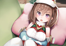 Rule 34 | 1girl, alice gear aegis, bare shoulders, blush, breasts, brown hair, commentary request, hat, highres, large breasts, looking at viewer, lying, medium hair, no, on back, open mouth, pantyhose, pillow, purple eyes, solo, sunga2usagi, white hat, white pantyhose, yes-no pillow