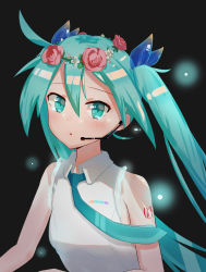 Rule 34 | 1girl, absurdres, aqua eyes, aqua hair, aqua necktie, bare shoulders, black background, blush, flower, glowing, hair between eyes, hair ornament, hatsune miku, hatsune miku (vocaloid4), highres, lmonster guai, long hair, looking at viewer, microphone, necktie, parted lips, pink flower, pink rose, rose, simple background, solo, twintails, upper body, vocaloid