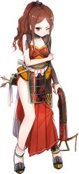 Rule 34 | 1girl, ;(, arrow (projectile), artist request, bowgun, brown hair, collarbone, full body, hair ornament, holding, holding weapon, long hair, murao (oshiro project), official art, orange eyes, oshiro project:re, oshiro project:re, parted bangs, quiver, torn clothes, transparent background, weapon