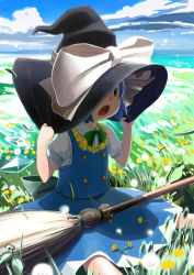 Rule 34 | 1girl, backlighting, black hat, blouse, blue eyes, blue hair, blush, borrowed clothes, broom, cirno, cloud, collared shirt, day, field, flower, flower field, hat, hat tug, headwear switch, hosimo, jewelry, matching hair/eyes, necklace, one eye covered, open mouth, outdoors, shirt, short hair, sitting, skirt, solo, touhou, white shirt, wings, witch hat