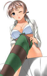 Rule 34 | 1girl, ahoge, blue eyes, bra, braid, breasts, brown hair, cleavage, dressing, hair ribbon, highres, hiroshi (hunter-of-kct), large breasts, long hair, long sleeves, lynette bishop, one eye closed, open clothes, open mouth, open shirt, ribbon, shirt, sitting, sleepy, solo, strike witches, striped clothes, striped thighhighs, tears, thighhighs, underwear, white bra, world witches series, yawning