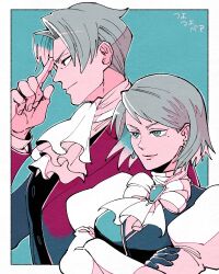 Rule 34 | 1boy, 1girl, ace attorney, ascot, black eyes, black gloves, black vest, blue background, blue eyes, bow, bowtie, closed mouth, crossed arms, earrings, franziska von karma, gloves, grey hair, hand up, highres, jacket, jewelry, long sleeves, miles edgeworth, mole, mole under eye, profile, red jacket, shino (shino dgs), shirt, short hair, smile, upper body, v-shaped eyebrows, vest, white ascot, white bow, white bowtie, white shirt