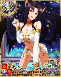 Rule 34 | 1girl, animal ears, bishop (chess), black hair, breasts, card (medium), cat ears, cat girl, cat tail, chess piece, cleavage, demon wings, female focus, high school dxd, kuroka (high school dxd), large breasts, multiple tails, navel, official art, open mouth, smile, solo, tail, wings