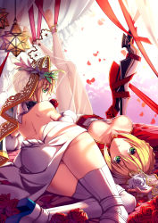 Rule 34 | 10s, 2girls, aestus estus, ahoge, ass, blonde hair, breasts, breasts apart, dual persona, fate/extra, fate/extra ccc, fate/grand order, fate (series), flower, green eyes, highres, jh, multiple girls, nero claudius (bride) (fate), nero claudius (bride) (third ascension) (fate), nero claudius (fate), nero claudius (fate) (all), nero claudius (fate/extra), rose, short hair, thighhighs, veil