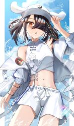 1girl absurdres bare_shoulders black_hair blush character_print commentary_request fate/grand_order fate_(series) hat highres jacket looking_at_viewer midriff mole mole_under_eye navel off_shoulder official_alternate_costume one_eye_covered open_clothes open_jacket solo stomach teimei_natsu wet white_hat white_jacket xu_fu_(fate) xu_fu_(swimsuit_avenger)_(fate) yu_mei-ren_(fate) yu_mei-ren_(swimsuit_lancer)_(fate)