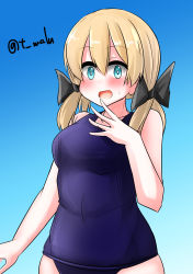 Rule 34 | 1girl, alternate costume, aqua eyes, blonde hair, blue sky, blush, breasts, collarbone, cowboy shot, day, embarrassed, hair between eyes, highres, kantai collection, long hair, looking at viewer, low twintails, medium breasts, open mouth, outdoors, prinz eugen (kancolle), school swimsuit, sky, solo, swimsuit, t (dyuhuhudyukusi), twintails, twitter username