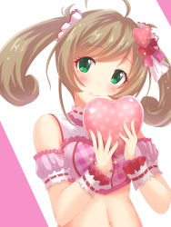 Rule 34 | 1girl, absurdres, arm strap, blush, breasts, brown hair, crop top, floating hair, green eyes, hair ornament, hair ribbon, head tilt, heart, heart hair ornament, highres, idolmaster, idolmaster cinderella girls, idolmaster cinderella girls starlight stage, koumei (twinameless), long hair, looking at viewer, midriff, navel, pink ribbon, red ribbon, ribbon, sato shin, small breasts, smile, solo, stomach, swept bangs, twintails, upper body, white background, wrist cuffs