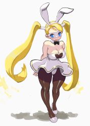 Rule 34 | 1girl, absurdres, alternate color, animal ears, arms behind back, black bow, black bowtie, blonde hair, blue eyes, bow, bowtie, breasts, brown pantyhose, chimjoljol (cute goblin), cleavage, detached collar, domino mask, dress, fake animal ears, full body, high heels, highres, long hair, mask, nontraditional playboy bunny, official alternate costume, panties, panties over pantyhose, pantyhose, pantyshot, player 2, pumps, rabbit ears, rainbow mika, solo, strapless, strapless dress, street fighter, street fighter v, swept bangs, twintails, underwear, very long hair, white background, white dress, white footwear, white panties, wind, wind lift, wrestling mask