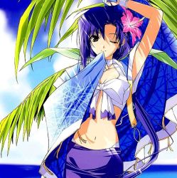 Rule 34 | 1990s (style), 1girl, arm up, armpits, blue hair, bow, breasts, choker, cleavage, cloud, crop top, day, earrings, flower, front-tie top, grey eyes, hair flower, hair ornament, hibiscus, jewelry, kinoshita takako, leaf, long hair, medium breasts, midriff, miniskirt, mouth hold, navel, official art, one eye closed, open clothes, open robe, outdoors, parted bangs, pia carrot (series), pia carrot e youkoso!!, pia carrot e youkoso!! 3, ponytail, retro artstyle, robe, rope, skirt, sky, smile, solo, standing, suzuhira hiro, tank top, waitress, water, wink, wristband