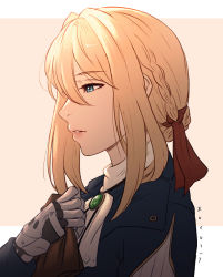 Rule 34 | 1girl, ascot, blonde hair, blush, braid, brooch, commentary, english commentary, french braid, from side, hair ribbon, handkerchief, jewelry, koyorin, lips, medium hair, nose, portrait, prosthesis, prosthetic hand, ribbon, sad, solo, violet evergarden, violet evergarden (series)