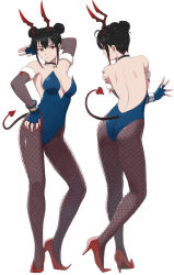 Rule 34 | 1girl, back, backless outfit, black hair, black pantyhose, bloodstained: ritual of the night, blue gloves, blue leotard, breasts, cleavage, closed mouth, demon tail, double bun, fingerless gloves, fishnet pantyhose, fishnets, full body, gloves, hair bun, high heels, highres, leotard, looking at viewer, medium breasts, miriam (bloodstained), mizuno (pixiv31352320), nail polish, pantyhose, playboy bunny, pumps, red eyes, red footwear, short hair, shoulder blades, simple background, solo, standing, strapless, strapless leotard, tail, white background