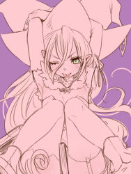 Rule 34 | 1girl, armpits, blush, book, detached sleeves, female focus, fur, green eyes, hair between eyes, hat, long hair, magilou (tales), monochrome, one eye closed, pink theme, pointy ears, purple background, ribbon, shoes, simple background, solo, spot color, tales of (series), tales of berseria, thighhighs, tongue, tongue out, very long hair, wink, witch hat