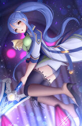 Rule 34 | ass, blue hair, blurry, blurry background, breasts, brown eyes, buckle, buttons, cape, character request, circle, collar, copyright request, curtains, ears, eyebrows, eyelashes, full body, hair between eyes, high heels, highres, holding, holding weapon, kamaniki, long hair, looking at viewer, medium breasts, neckerchief, open mouth, ponytail, skirt, sparkle, teeth, thighhighs, thighs, upper teeth only, watermark, weapon