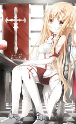 Rule 34 | 10s, 1girl, armor, asuna (sao), blonde hair, chair, cup, detached sleeves, drinking glass, glass, highres, long hair, red eyes, sitting, skirt, solo, sword, sword art online, table, thighhighs, umagenzin, weapon, white thighhighs, wine glass