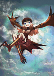 Rule 34 | 1girl, absurdres, aida zuleka, bird hat, bird legs, bird tail, blue eyes, brown hair, brown wings, cloud, cloudy sky, commentary request, duel monster, feather fingers, harpy, highres, long hair, lyrilusc - cobalt sparrow, monster girl, open mouth, sky, solo, tail, talons, teeth, upper teeth only, winged arms, wings, yu-gi-oh!
