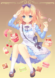 Rule 34 | 1girl, absurdres, animal bag, apron, arm up, bad id, bad pixiv id, bag, blonde hair, blue bow, blue dress, blue eyes, blush, bow, brown background, brown footwear, cake, cake slice, checkerboard cookie, cherry, closed mouth, commentary request, cookie, cupcake, doughnut, dress, food, frilled apron, frills, fruit, hair between eyes, hair bow, heart, highres, long hair, looking at viewer, macaron, one side up, original, popsicle, purple bow, salute, shoes, shoulder bag, simple background, smile, socks, solo, tsuruse, white apron, white socks