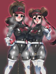 Rule 34 | 2girls, black leotard, bodysuit, boots, breasts, cameltoe, cleft of venus, covered erect nipples, cowboy shot, creatures (company), double bun, game freak, gloves, hair bun, highleg, highleg leotard, highres, hilda (pokemon), holding, holding poke ball, large breasts, leotard, long hair, mind control, multiple girls, nintendo, nipples, open mouth, pee, peeing, poke ball, poke ball (basic), pokemon, pokemon bw, pokemon bw2, ponytail, rosa (pokemon), saliva, shiny clothes, team rocket, team rocket uniform, thigh boots, thighhighs, twintails, white gloves, wide hips, xenoxeno