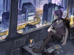 Rule 34 | 1girl, absurdres, belt, black belt, black jacket, black thighhighs, breasts, building, chopsticks, closed mouth, collarbone, crop top, crop top overhang, cropped shirt, cyberpunk, earbuds, earphones, ghost in the shell, grey shirt, grey shorts, highres, holding, holding chopsticks, jacket, jacket on shoulders, kusanagi motoko, leather, leather jacket, leg belt, level-00, medium breasts, no shoes, purple hair, red eyes, road, shirt, short hair, short sleeves, shorts, sitting, skyscraper, solo, thighhighs