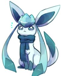 Rule 34 | blue eyes, blue hair, closed mouth, creatures (company), game freak, gen 4 pokemon, glaceon, long hair, looking up, nintendo, plum! (plumcea), pokemon, pokemon (creature), scarf, sidelocks, sitting, solo, white background