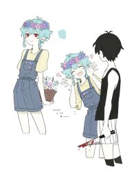 Rule 34 | 2boys, basil (headspace) (omori), basil (omori), black hair, black tank top, blood, bloody knife, blue overalls, colored skin, dated, flower, green hair, head wreath, highres, holding, holding knife, izm ovo, knife, multiple boys, omori, omori (omori), overall shorts, overalls, red eyes, shirt, short hair, simple background, tank top, white background, white skin, yellow shirt