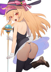 Rule 34 | 1girl, ass, back, bad id, bad twitter id, bare back, bare shoulders, beijuu, black dress, black hat, black thighhighs, blonde hair, blush, boots, bow, clothes lift, dress, dress lift, g-string, gloves, hair between eyes, hat, hat bow, highres, little witch nobeta, long hair, looking back, nobeta, open mouth, panties, red eyes, sidelocks, simple background, solo, staff, thighhighs, thong, twitter username, underwear, white background, white gloves, witch hat