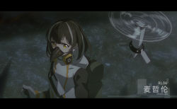 Rule 34 | 1girl, arknights, backpack, bag, bird mask, brown hair, character name, chinese commentary, coat, controller, dadijiji, drone, earrings, from above, gas mask, glint, gloves, hair between eyes, highres, jewelry, letterboxed, looking at viewer, magallan (arknights), mask, multicolored hair, remote control, short hair, solo, strap, streaked hair, two-tone hair, upper body, white coat, white gloves, white hair, yellow eyes