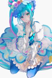 Rule 34 | 1girl, aqua eyes, blue bow, blue hair, blush, bow, bracelet, cure spicy, cure spicy (party up style), delicious party precure, frilled sleeves, frills, fuwa kokone, highres, i0qqsm, jewelry, long hair, magical girl, precure, side ponytail, solo, very long hair