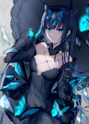 Rule 34 | 1girl, absurdres, arcaea, bare shoulders, black gloves, black hair, blue bow, blue eyes, bow, breasts, breasts apart, bug, butterfly, closed mouth, collarbone, cone hair bun, cowboy shot, detached sleeves, ear piercing, furido (frifridress), gloves, hair bow, hair bun, highres, holding, holding umbrella, insect, long hair, long sleeves, looking at viewer, medium breasts, piercing, smile, solo, tairitsu (arcaea), tairitsu (tempest) (arcaea), umbrella, v-shaped eyebrows, very long hair