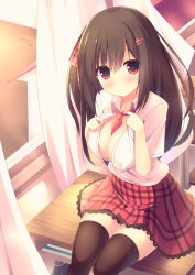 Rule 34 | 1girl, between breasts, black thighhighs, blush, book, breasts, brown hair, chair, cleavage, curtains, desk, hair ornament, hairclip, highres, lace, lace-trimmed skirt, lace trim, long hair, looking at viewer, megarisu, neckerchief, necktie, on desk, open clothes, open shirt, original, red eyes, red neckerchief, shirt, sitting, on desk, skirt, solo, thighhighs, window