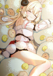 Rule 34 | 1girl, absurdres, animal ears, bare shoulders, black dress, black horns, blonde hair, breasts, closed eyes, closed mouth, commentary request, curled horns, detached sleeves, dress, feet out of frame, highres, hihi (oekakihix), hololive, horns, hug, long hair, long sleeves, lying, medium breasts, on side, sheep, sheep ears, sheep girl, sheep horns, shirt, sleeping, smile, solo, thighhighs, tsunomaki watame, virtual youtuber, white shirt