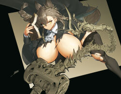 Rule 34 | 1girl, animal ears, arknights, ascot, black jacket, black thighhighs, book, breasts, breasts out, chain, gauntlets, hammer, holding, holding book, huge breasts, jacket, leaning forward, long hair, long sleeves, looking at viewer, melon22, mole above eye, open book, penance (arknights), single gauntlet, solo, tail, thighhighs, thighs, torn clothes, weapon, wolf ears, wolf girl, wolf tail