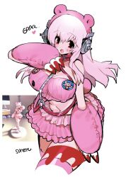 Rule 34 | 1girl, :o, animal hands, artist name, breasts, chest harness, cleavage, commentary request, cowboy shot, frilled skirt, frills, gloomy bear, gloves, growling, hair between eyes, harness, heart, highres, large breasts, long hair, looking at viewer, midriff, navel, nitroplus, open mouth, paw gloves, photo-referenced, pink eyes, pink hair, reference inset, simple background, skirt, solo, soreeyu (sore-yu), super sonico, thighhighs, white background