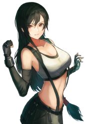 Rule 34 | 1girl, black gloves, black hair, black skirt, breasts, cleavage, clenched hand, crop top, elbow gloves, final fantasy, final fantasy vii, final fantasy vii remake, fingerless gloves, from side, gloves, grin, hands up, highres, large breasts, long hair, looking at viewer, low-tied long hair, midriff, nasubin (nasubisamurai15), navel, red eyes, simple background, skirt, smile, stomach, suspender skirt, suspenders, tank top, tifa lockhart, v-shaped eyebrows, very long hair, white background, white tank top