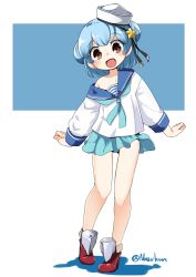 Rule 34 | 1girl, aqua neckerchief, aqua skirt, black ribbon, blue hair, blue sailor collar, brown eyes, commentary request, dixie cup hat, double bun, fang, full body, hair bun, hat, hat ribbon, highres, kantai collection, leaning to the side, long sleeves, looking at viewer, military hat, miniskirt, nassukun, neckerchief, open mouth, pleated skirt, red footwear, ribbon, sailor collar, samuel b. roberts (kancolle), school uniform, serafuku, shirt, short hair, skirt, sleeve cuffs, smile, solo, standing, star ornament, white hat, white shirt