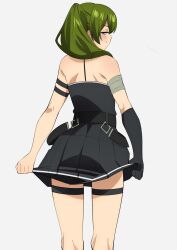 Rule 34 | 1girl, armband, bare shoulders, black armband, black dress, clothes lift, commentary request, cowboy shot, dress, dress lift, from behind, green hair, highres, legs, long hair, pleated dress, purple eyes, sakura 1110ssmm, side ponytail, simple background, solo, sousou no frieren, standing, suspenders hanging, thigh strap, thighs, ubel (sousou no frieren), white background