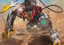 Rule 34 | arm up, cable, claws, commentary request, damaged, dirty, dust cloud, full body, glowing, glowing eyes, gundam, gundam barbatos lupus rex, gundam tekketsu no orphans, leaning forward, looking at viewer, mecha, missing limb, no humans, outdoors, photo background, photoshop (medium), red eyes, robographer, robot, rod, science fiction, solo, standing, v-fin