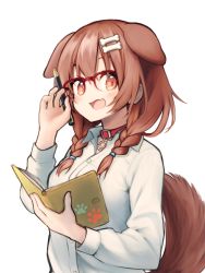 Rule 34 | 1girl, animal collar, animal ears, bespectacled, blush, bone hair ornament, book, braid, brown eyes, brown hair, collar, commentary request, dog ears, dog girl, dog tail, fang, glasses, hair between eyes, hair ornament, highres, holding, holding book, holding pencil, hololive, inugami korone, looking at viewer, medium hair, open mouth, pencil, simple background, skin fang, solo, tail, tamasa yamoto, twin braids, upper body, virtual youtuber, white background