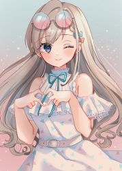 Rule 34 | 1girl, bare shoulders, belt, belt buckle, blue bow, blue eyes, blush, bow, buckle, closed mouth, commentary, dress, earrings, eyewear on head, finger heart, gradient background, green background, hair bow, hair strand, heart, heart hands, highres, hisakawa hayate, idolmaster, idolmaster cinderella girls, idolmaster cinderella girls starlight stage, jewelry, light particles, long hair, looking at viewer, neck ribbon, one eye closed, own hands together, pink background, pink bow, ribbon, rino cnc, round eyewear, smile, solo, sunglasses, swept bangs, wavy hair, white belt, white dress