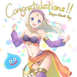 Rule 34 | 1girl, :d, bare shoulders, blonde hair, blue eyes, breasts, circlet, confetti, congratulations, cowboy shot, detached sleeves, dragon quest, dragon quest xi, earrings, fujimura hinami, hairband, highres, jewelry, long sleeves, looking at viewer, midriff, navel, necklace, open mouth, puffy detached sleeves, puffy long sleeves, puffy sleeves, purple hairband, purple thighhighs, senya (dq11), slime (dragon quest), small breasts, smile, teeth, thighhighs, tongue